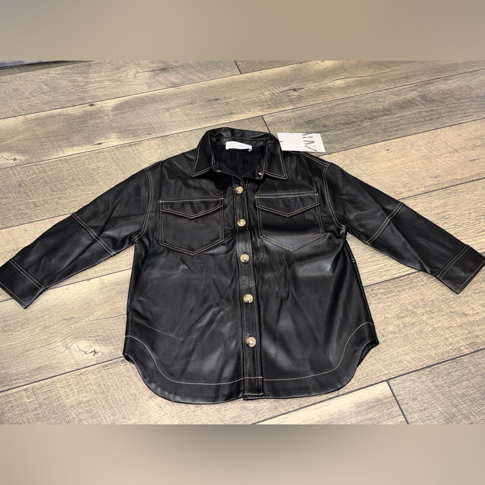 New Zara Kids Black Jacket Shirt Faux Leather Size 6